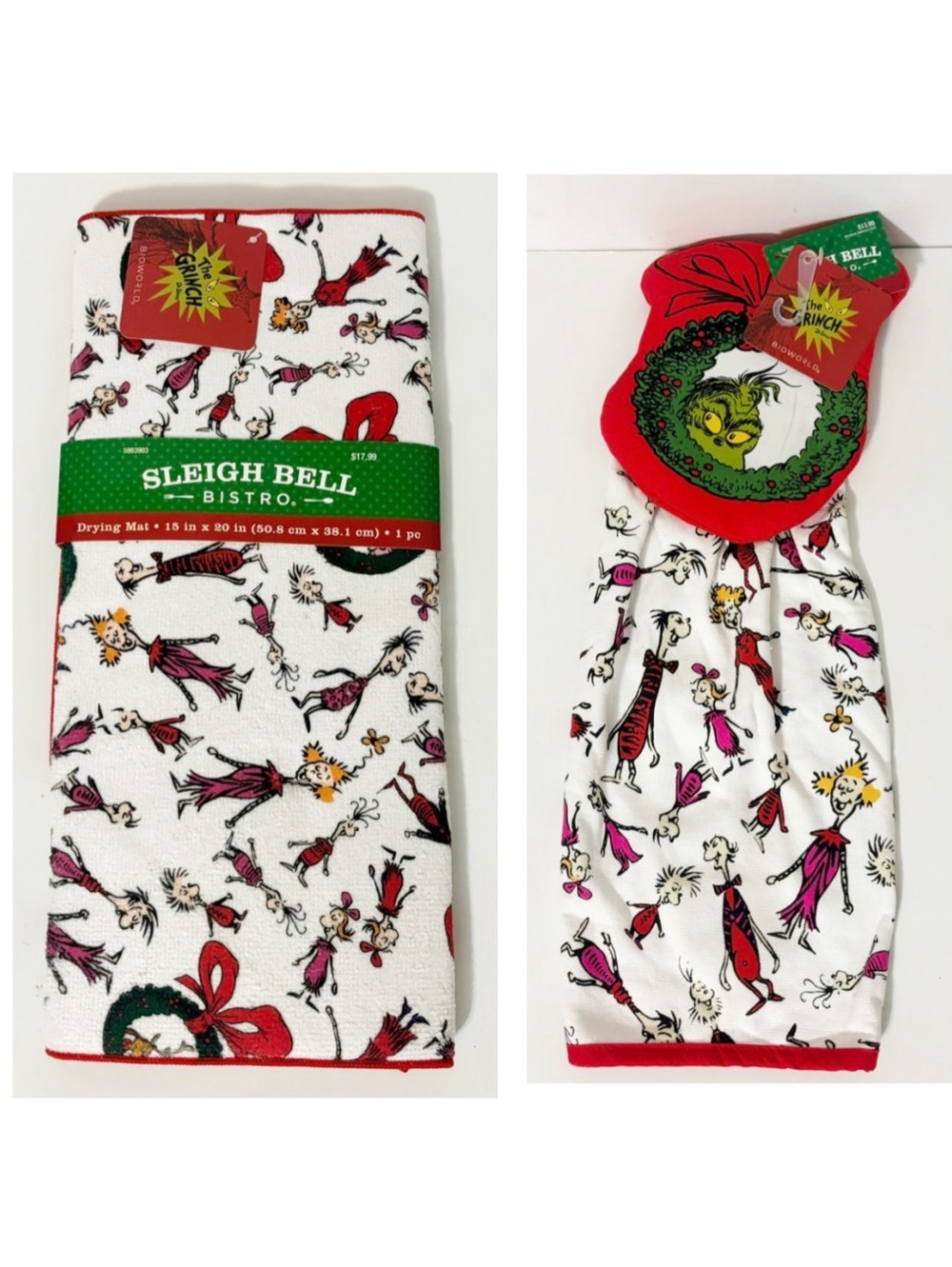 The Grinch Sleigh Bell Bistro Drying Mat & Dish Towel, Christmas Decor, New